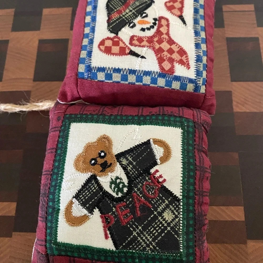 Set Of 2 Vintage Quilted Pillow Plaid Peace Bear and Snowman Ornaments 6”x 6”